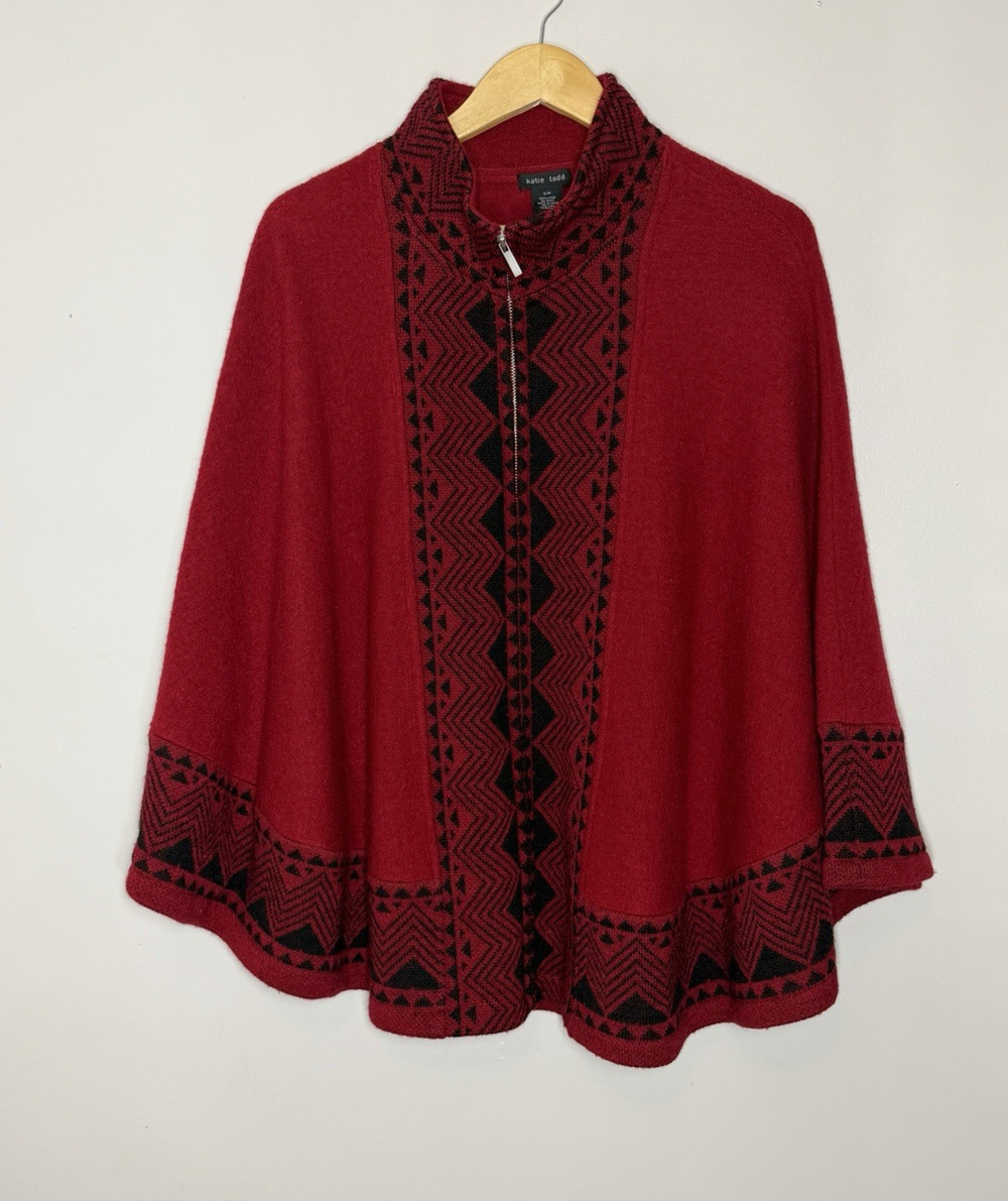 Katie Todd 100% Wool Full Zip Nordic Aztec Poncho Cape S/M Red Black